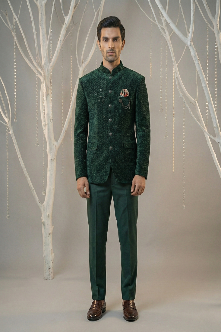 B.green thread and sequins embroidered bandhgala on velvet