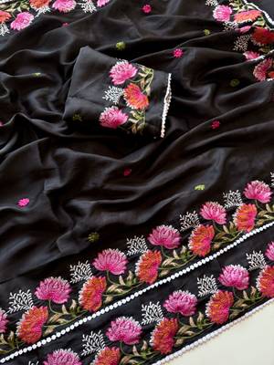 Black Color Embroidered Tussar Silk Saree 1