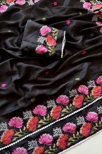 Black Color Embroidered Tussar Silk Saree