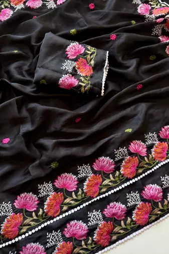 Black Color Embroidered Tussar Silk Saree