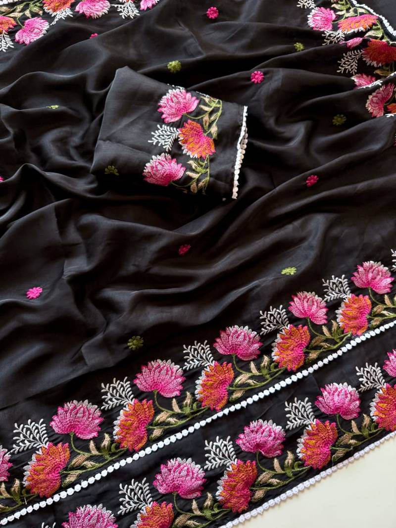 Black Color Embroidered Tussar Silk Saree