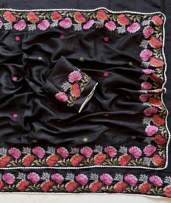 Black Color Embroidered Tussar Silk Saree 2