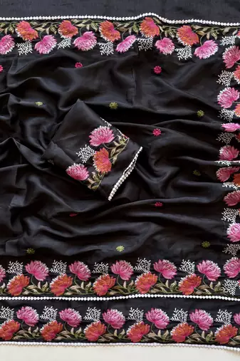 Black Color Embroidered Tussar Silk Saree