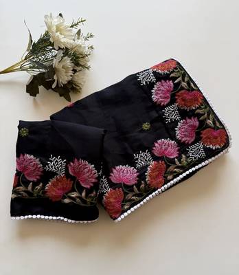 Black Color Embroidered Tussar Silk Saree 3