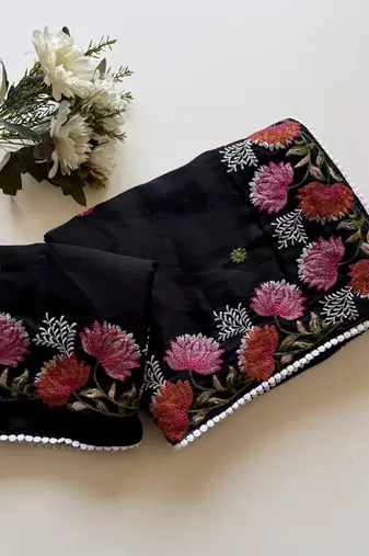 Black Color Embroidered Tussar Silk Saree