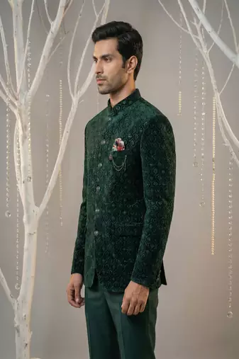 B.green thread and sequins embroidered bandhgala on velvet