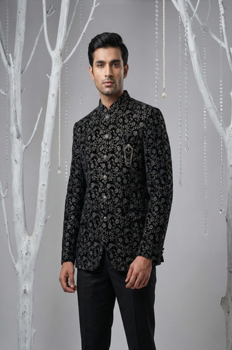 Black thread embroidered bandhgala on velvet