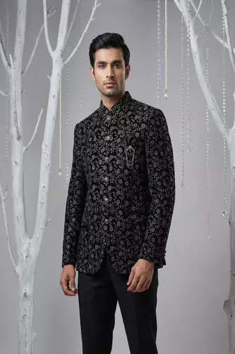 Black thread embroidered bandhgala on velvet