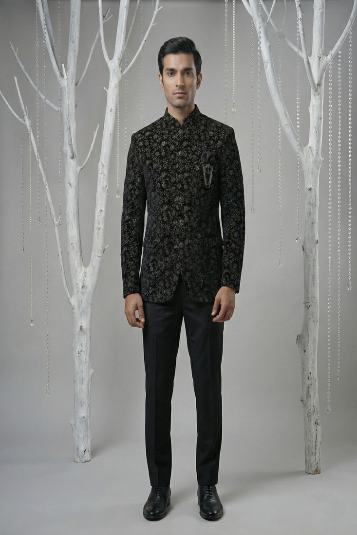 Black thread embroidered bandhgala on velvet