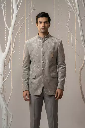 Grey thread and sequins embroidered bandhgala