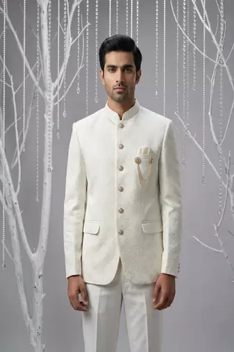Ivory thread embroidered bandhgala on silk
