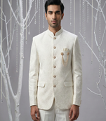 Ivory thread embroidered bandhgala on silk