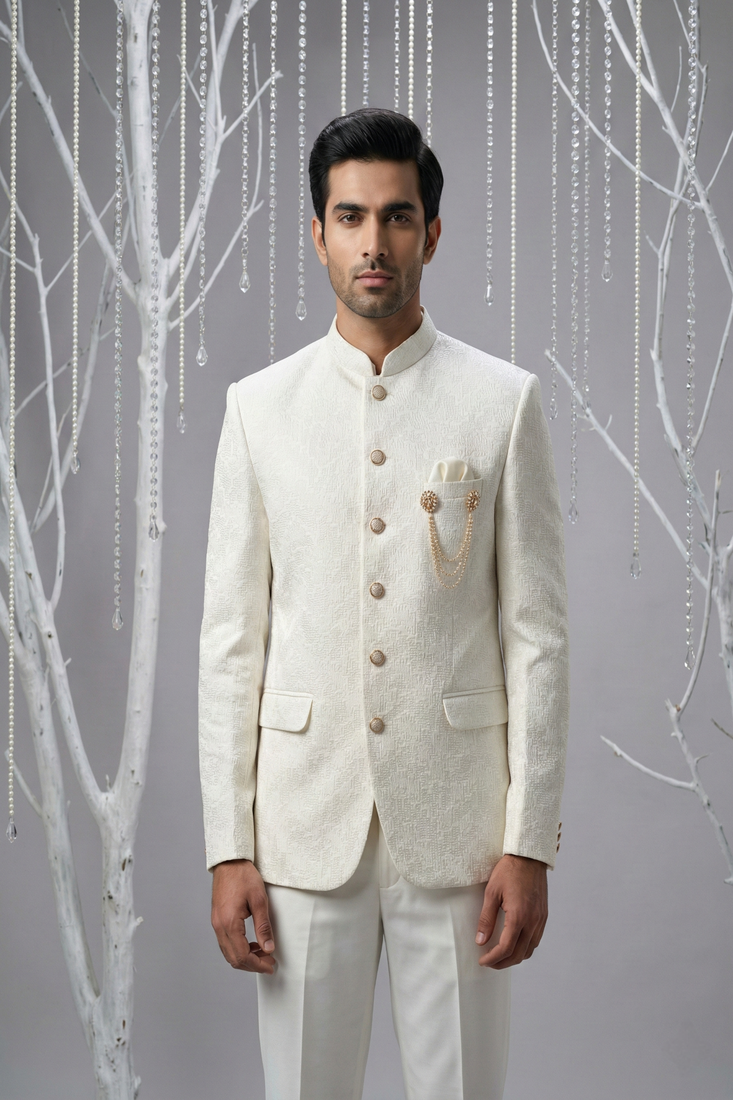 Ivory thread embroidered bandhgala on silk
