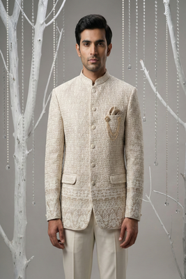 Rose gold thread embroidered bandhgala on silk 1