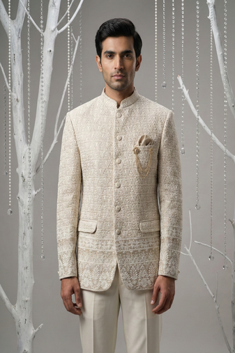 Rose gold thread embroidered bandhgala on silk