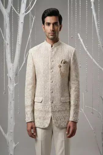 Rose gold thread embroidered bandhgala on silk