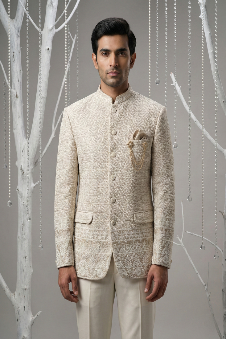 Rose gold thread embroidered bandhgala on silk