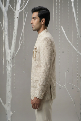 Rose gold thread embroidered bandhgala on silk 2
