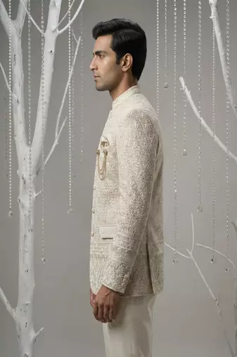 Rose gold thread embroidered bandhgala on silk