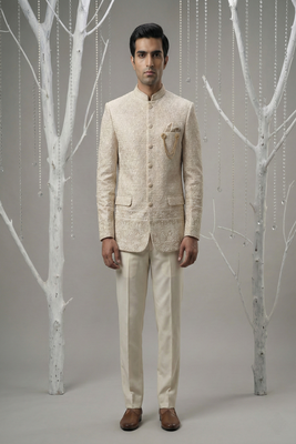 Rose gold thread embroidered bandhgala on silk 3