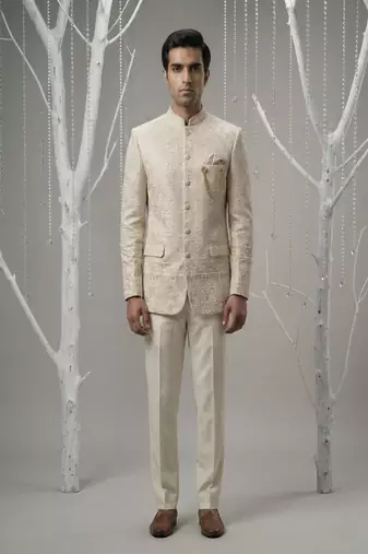 Rose gold thread embroidered bandhgala on silk