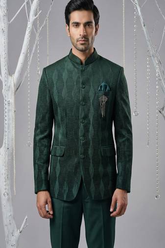 Bottle green thread embroidered bandhgala