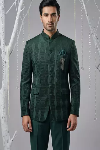 Bottle green thread embroidered bandhgala