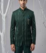 Bottle green thread embroidered bandhgala