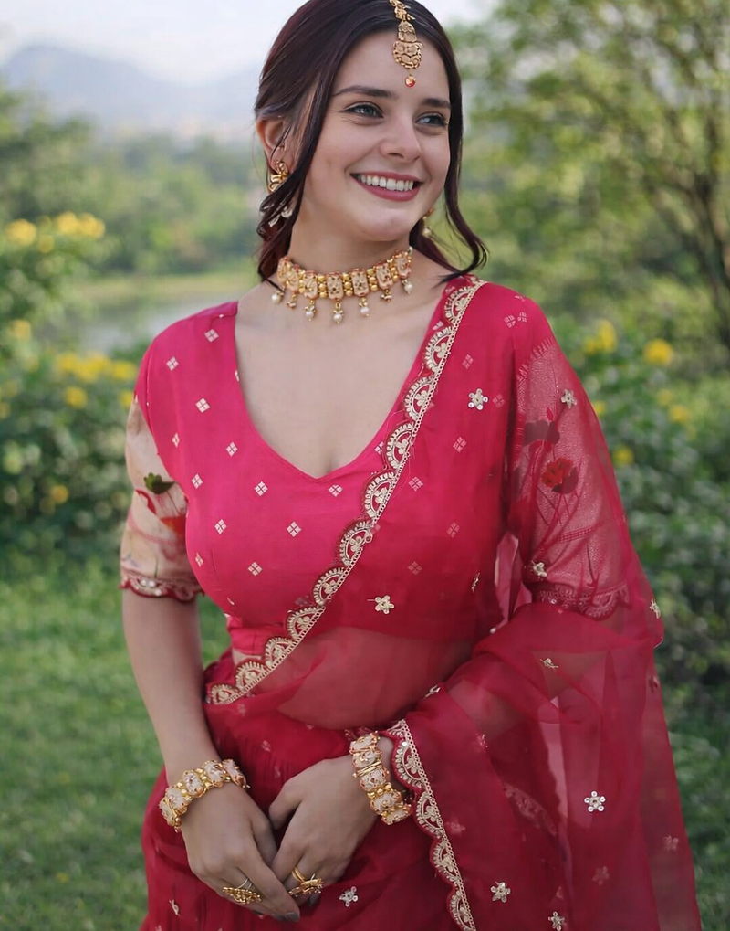 pink dola silk lehenga set with meena weaving & sequins