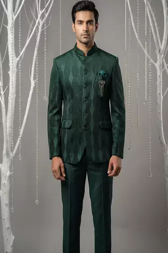 Bottle green thread embroidered bandhgala