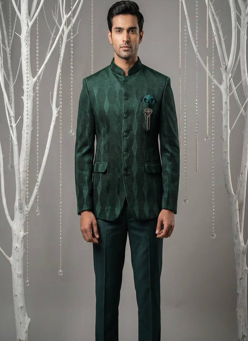 Bottle green thread embroidered bandhgala