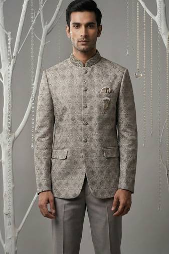 Grey thread and sequins embroidered bandhgala