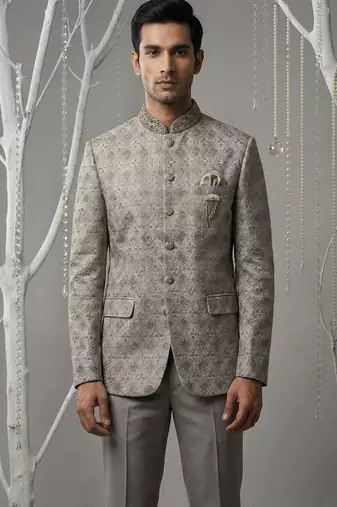 Grey thread and sequins embroidered bandhgala