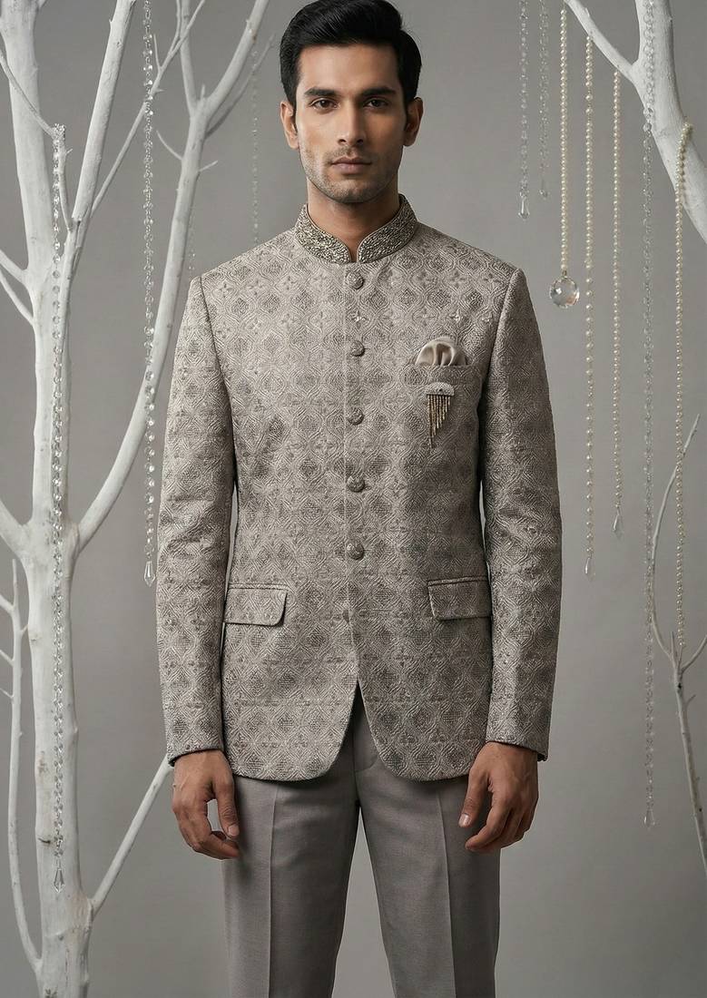 Grey thread and sequins embroidered bandhgala