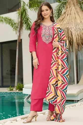 Red gajari color rayon embroidered sttiched suit