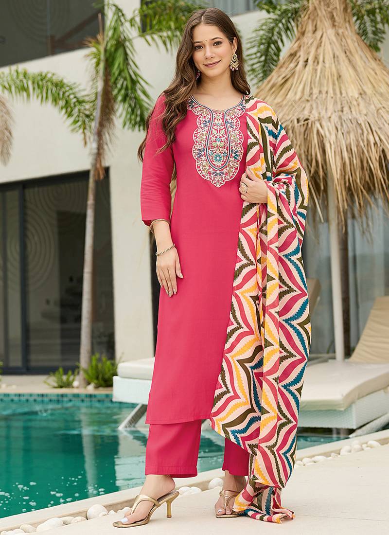 Red gajari color rayon embroidered sttiched suit