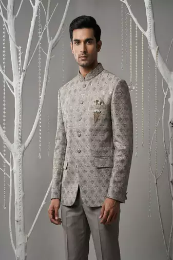 Grey thread and sequins embroidered bandhgala