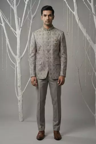 Grey thread and sequins embroidered bandhgala