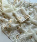 Cream Color Vari Chiffon Floral Embroidered Saree