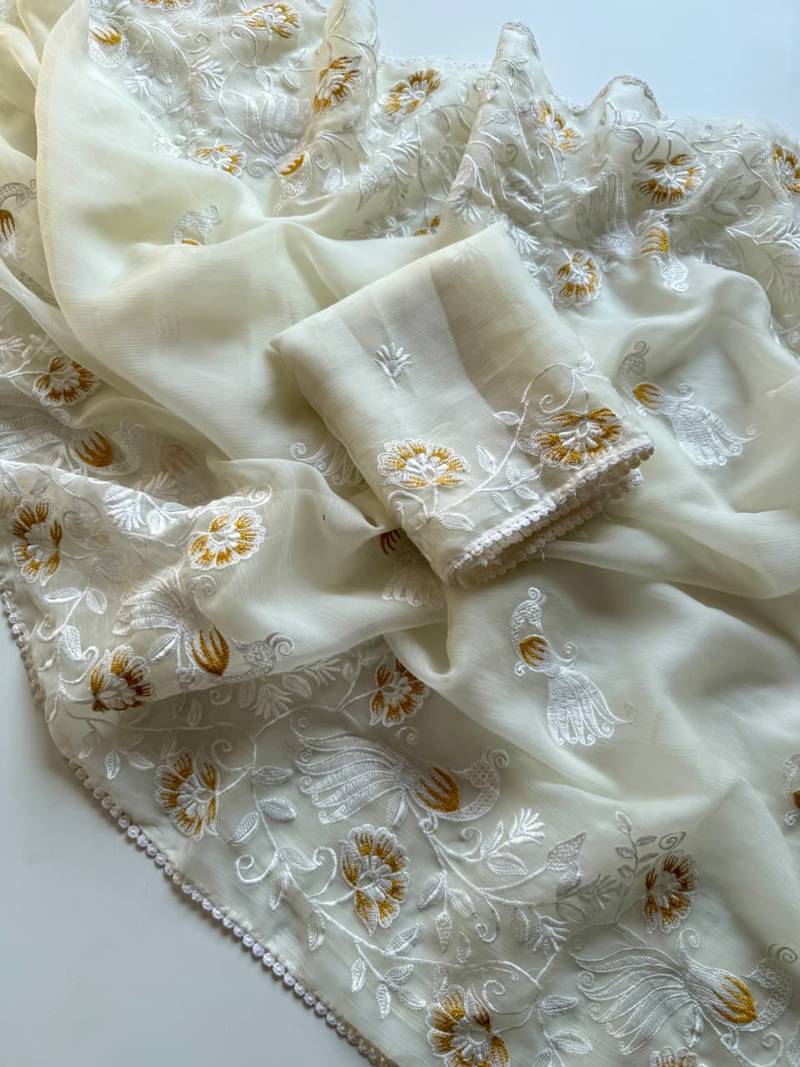 Cream Color Vari Chiffon Floral Embroidered Saree