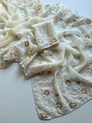 Cream Color Vari Chiffon Floral Embroidered Saree 2