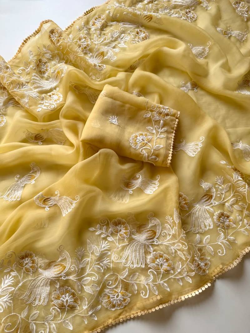 Yellow Color Vari Chiffon Floral Embroidered Saree