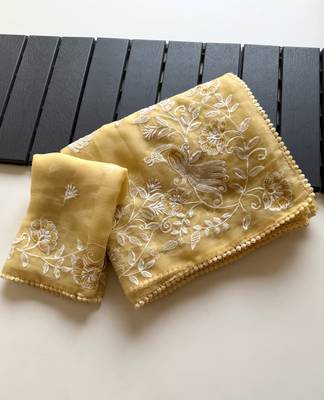 Yellow Color Vari Chiffon Floral Embroidered Saree 3