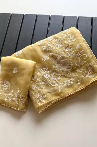 Yellow Color Vari Chiffon Floral Embroidered Saree