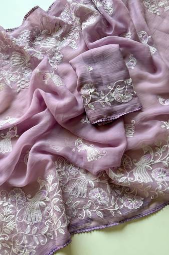 Lavender Color Vari Chiffon Floral Embroidered Saree
