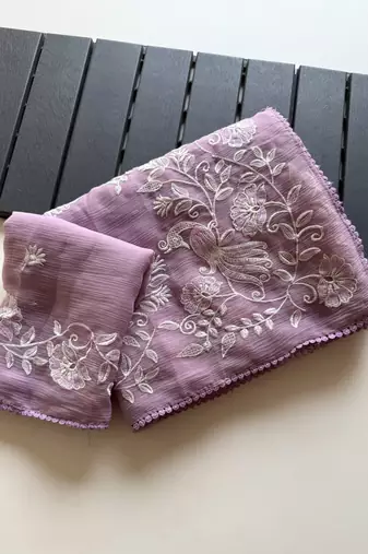 Lavender Color Vari Chiffon Floral Embroidered Saree
