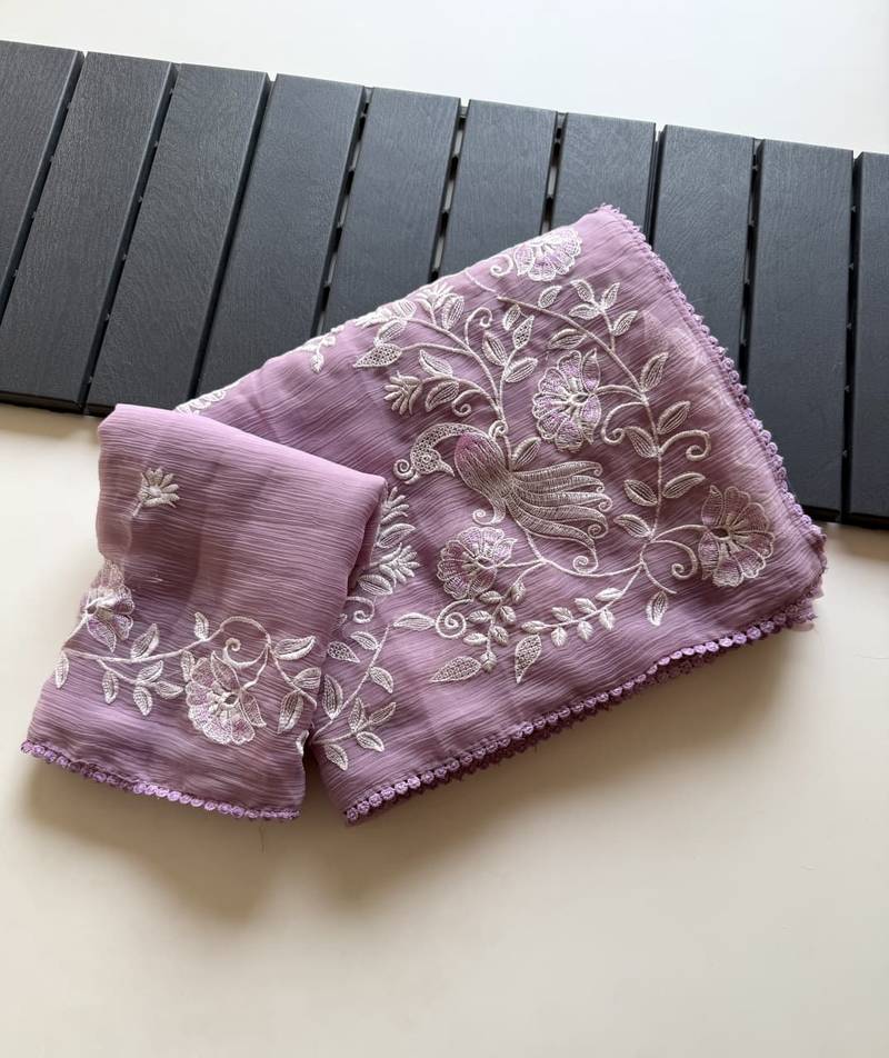 Lavender Color Vari Chiffon Floral Embroidered Saree