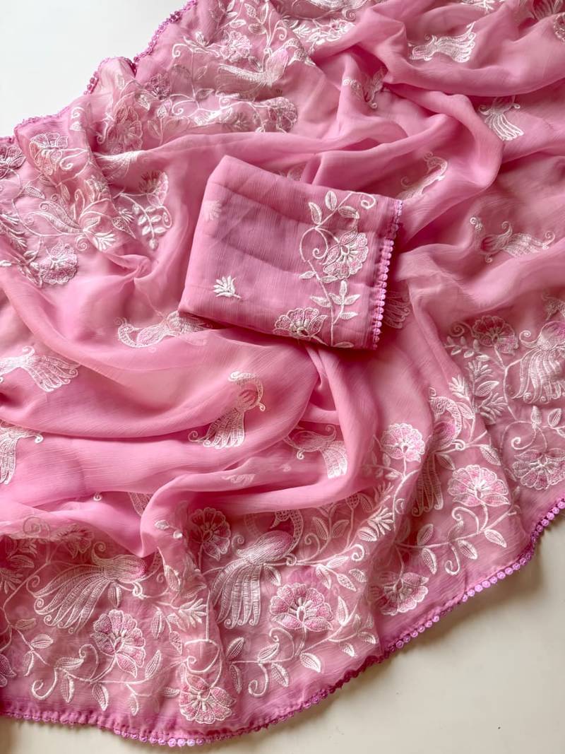 Pink Color Vari Chiffon Floral Embroidered Saree