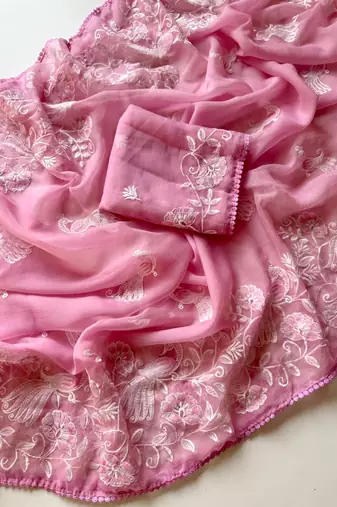 Pink Color Vari Chiffon Floral Embroidered Saree