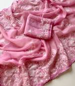 Pink Color Vari Chiffon Floral Embroidered Saree